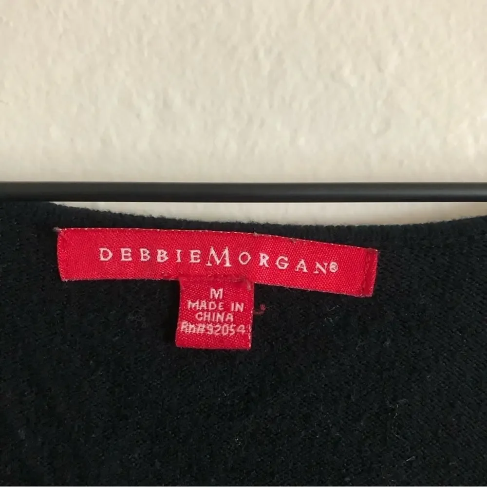 Debbie Morgan Black Long Sleeve V-Neck Ruffle Front Soft Knit Pullover Sweater